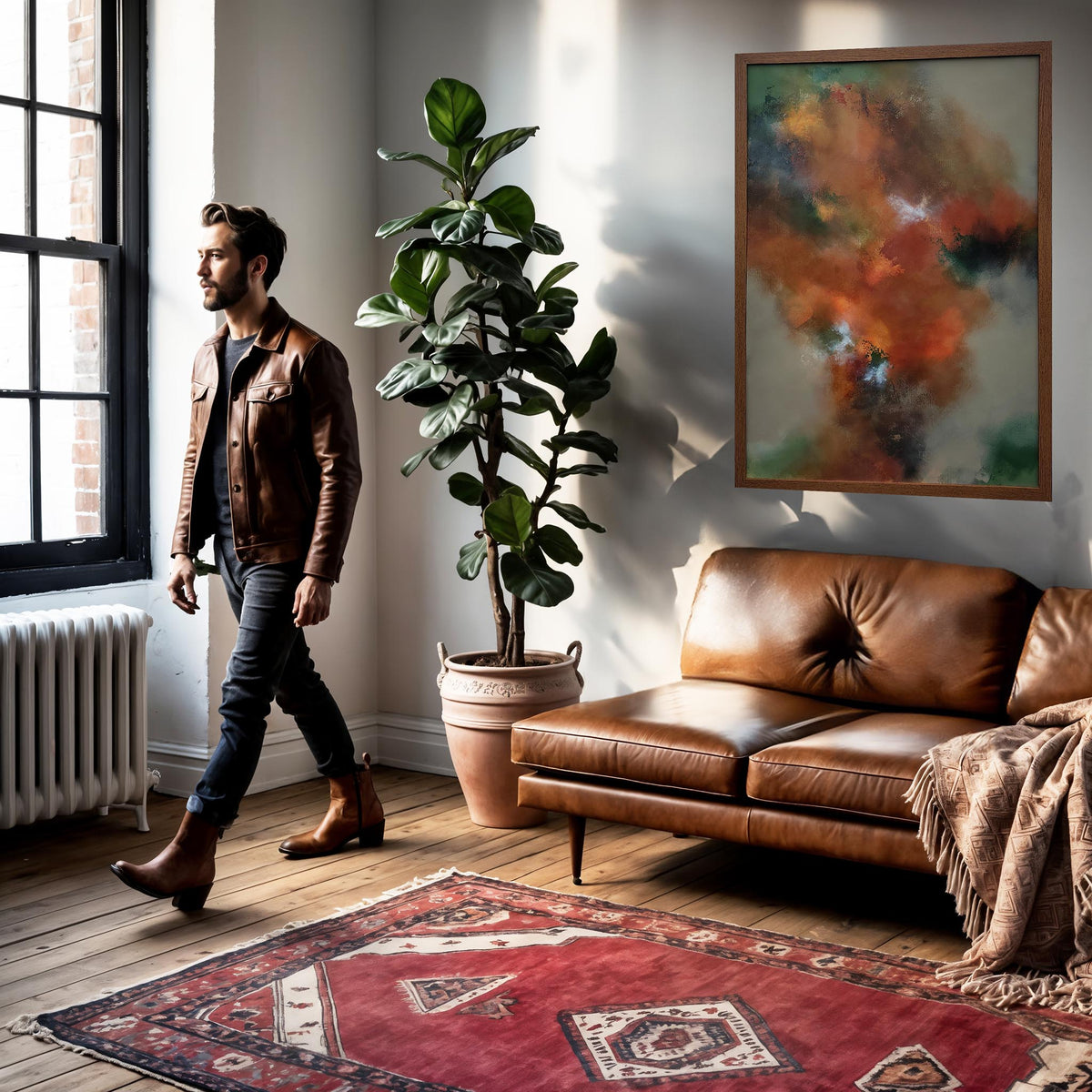 A man in a brown leather jacket and jeans walks past a large potted fiddle-leaf fig plant in a bright living room with a brown leather sofa, a red patterned rug, and a framed abstract painting on the wall.