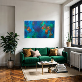 Living room with a green sofa, colorful abstract painting, and decorative items.