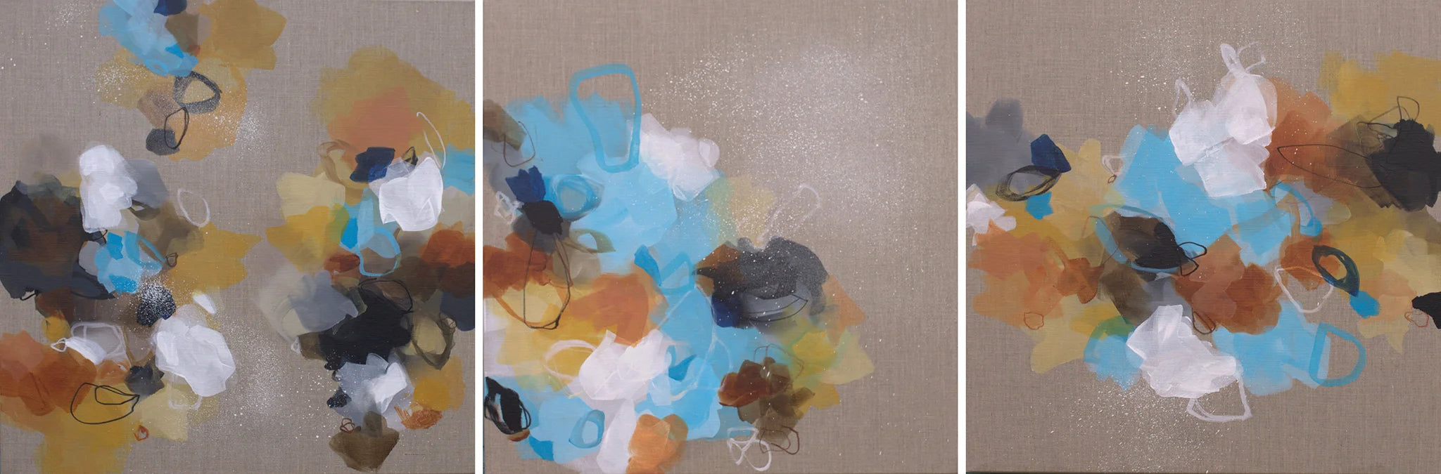 Three side-by-side images of colorful abstract art on a beige background