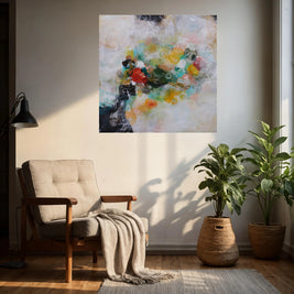 Living room with a colorful abstract painting, armchair, and plants.