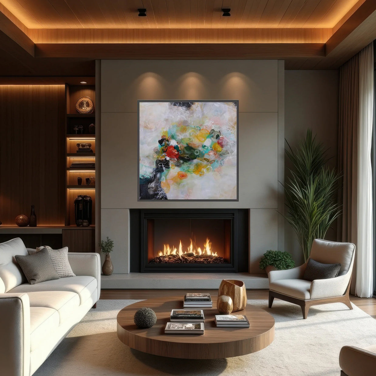 Modern living room with a fireplace, sofa, and coffee table.