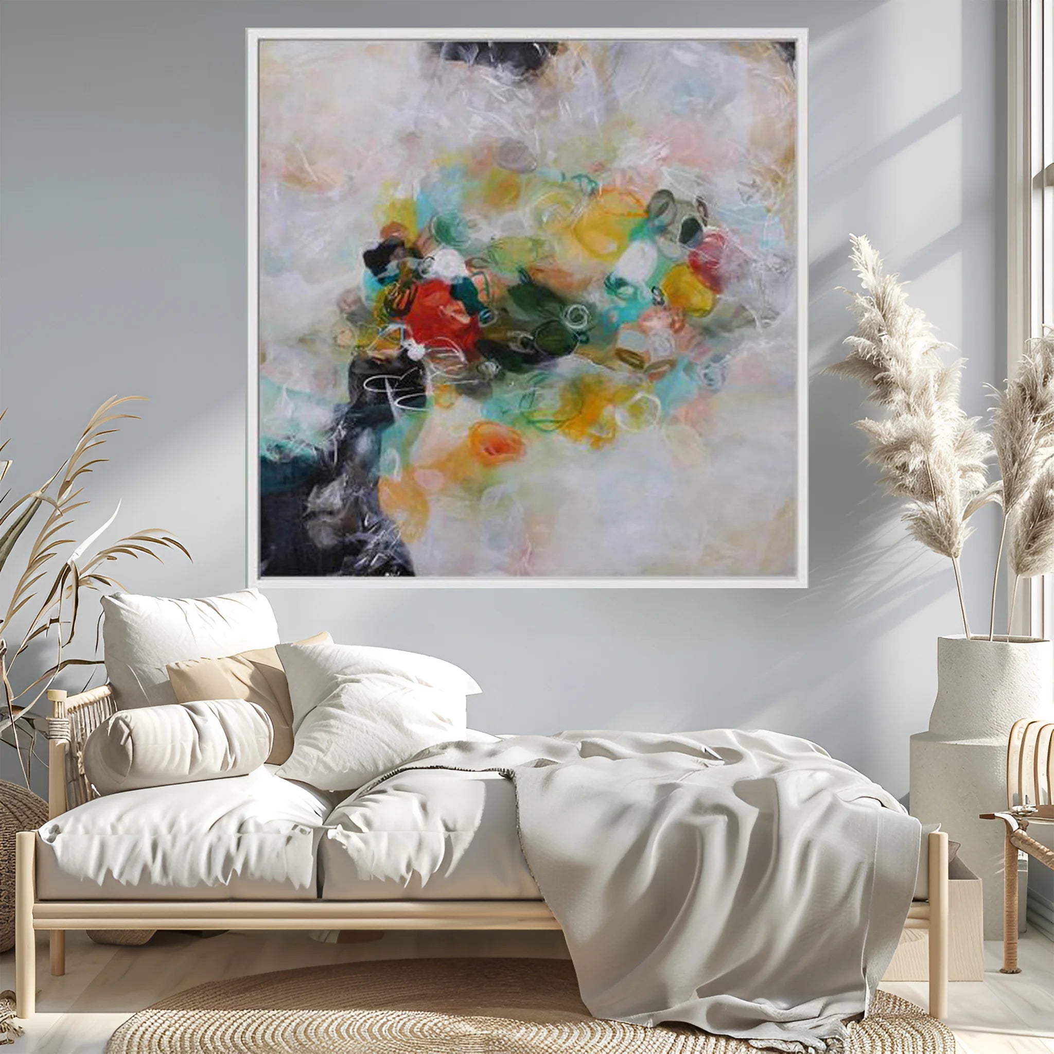 Modern bedroom with a colorful abstract painting on the wall, a bed with white bedding, and decorative elements.