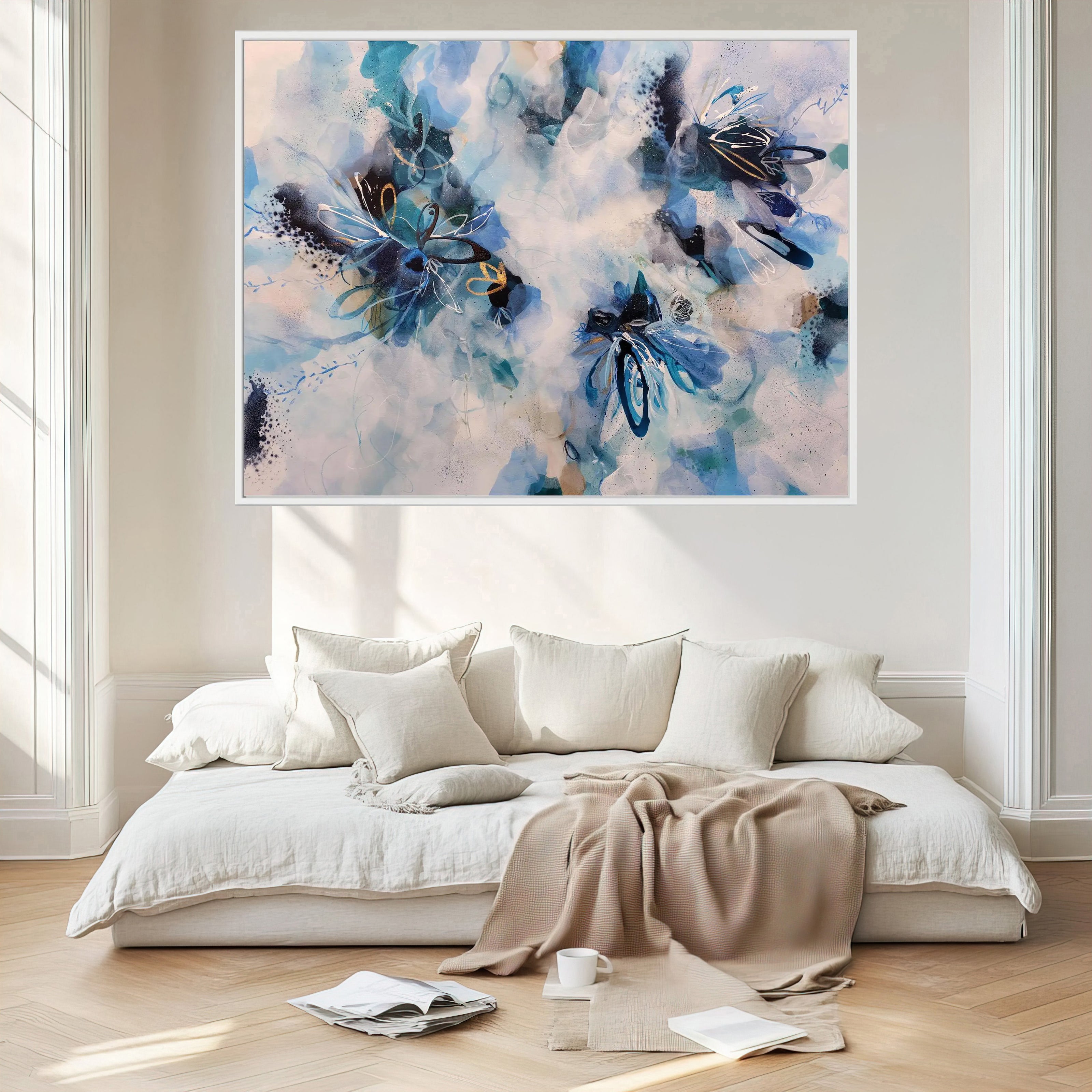 pale and dark blue on white abstract painting above bed