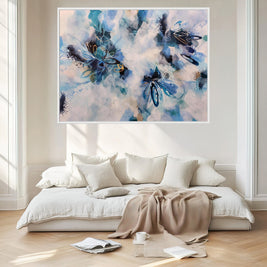 pale and dark blue on white abstract painting above bed