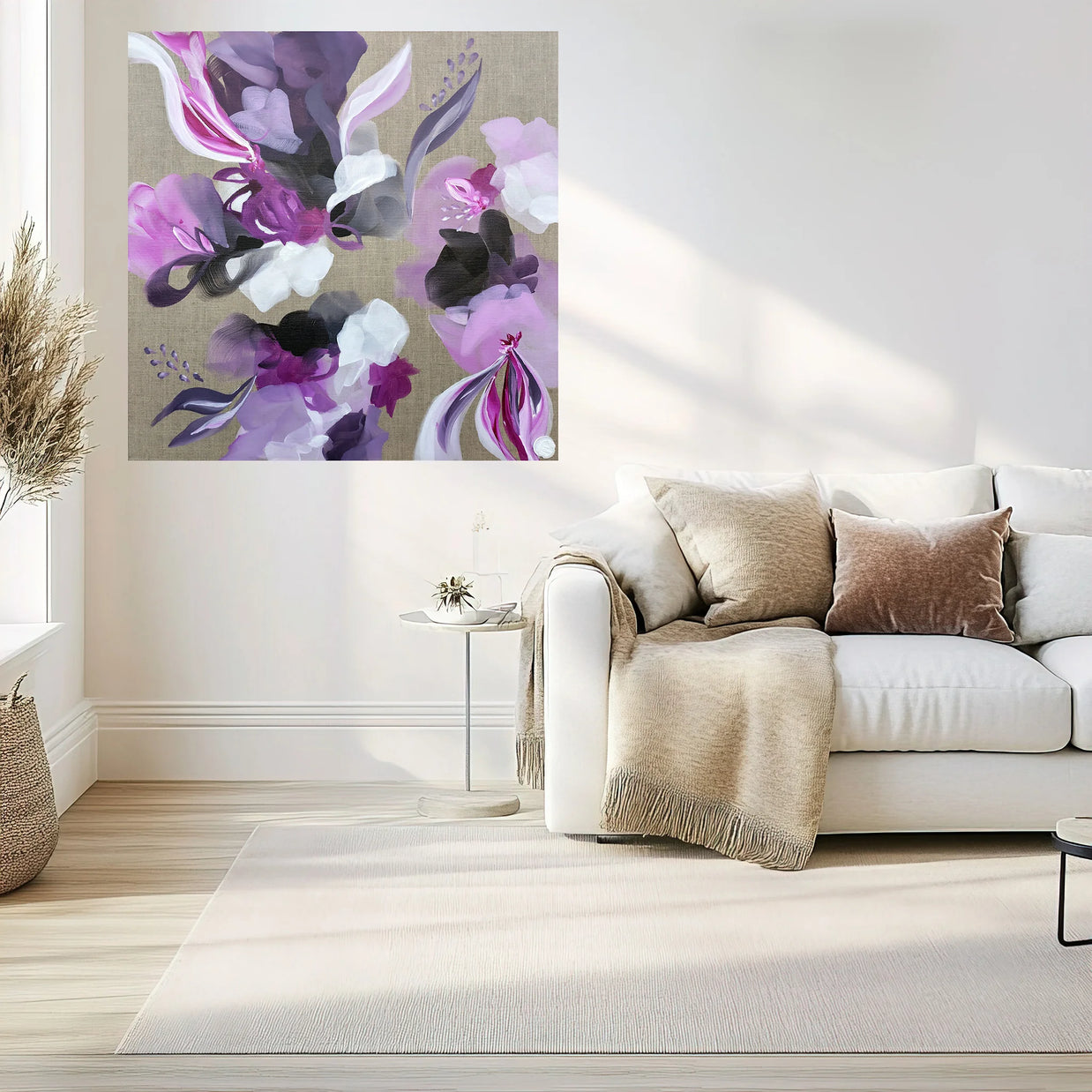 Floral inspired abstract art, purple, lilac, mauve white, charcoal and grey on a linen canvas hanging above sofa