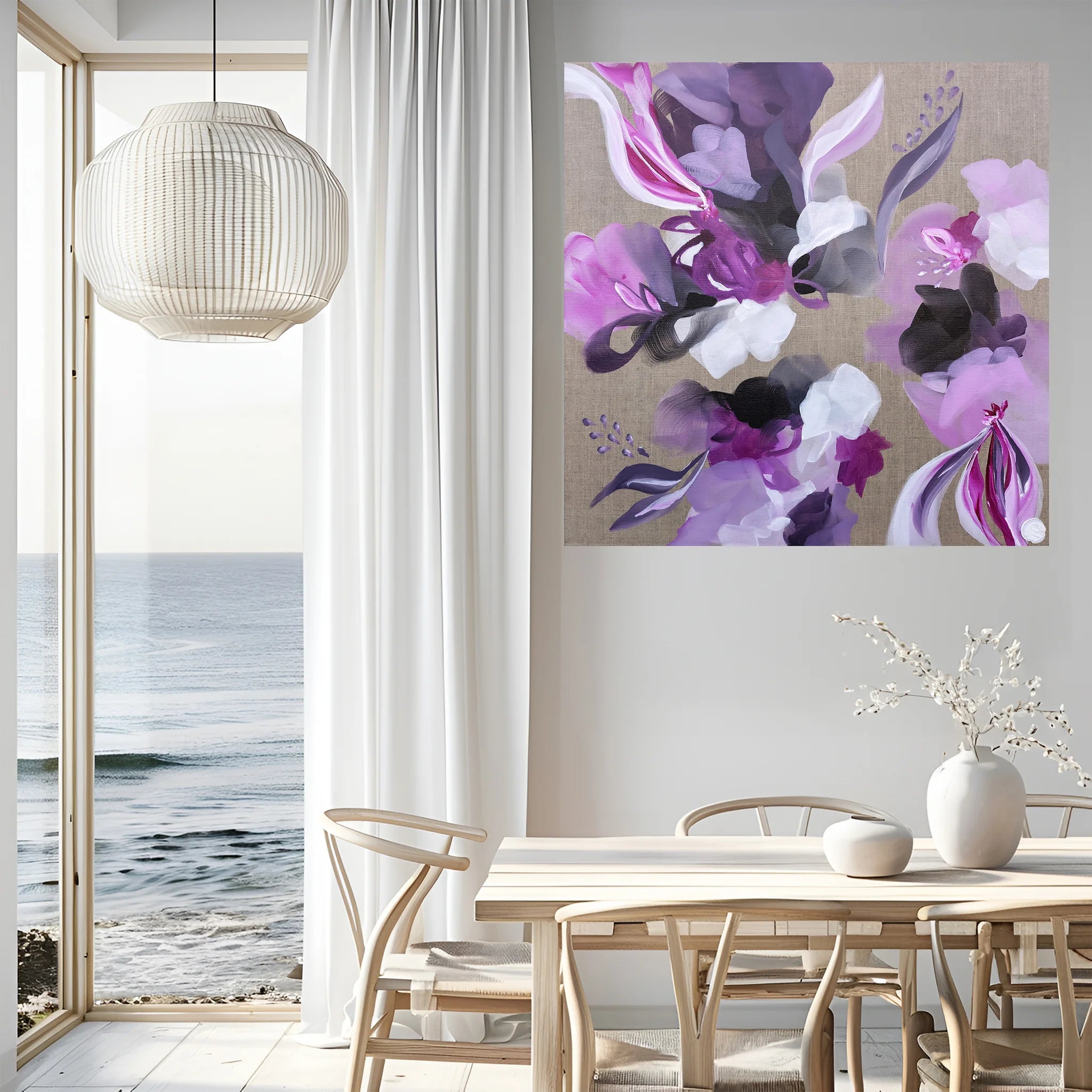 Floral inspired abstract art, purple, lilac, mauve white, charcoal and grey on a linen canvas hanging above dining table