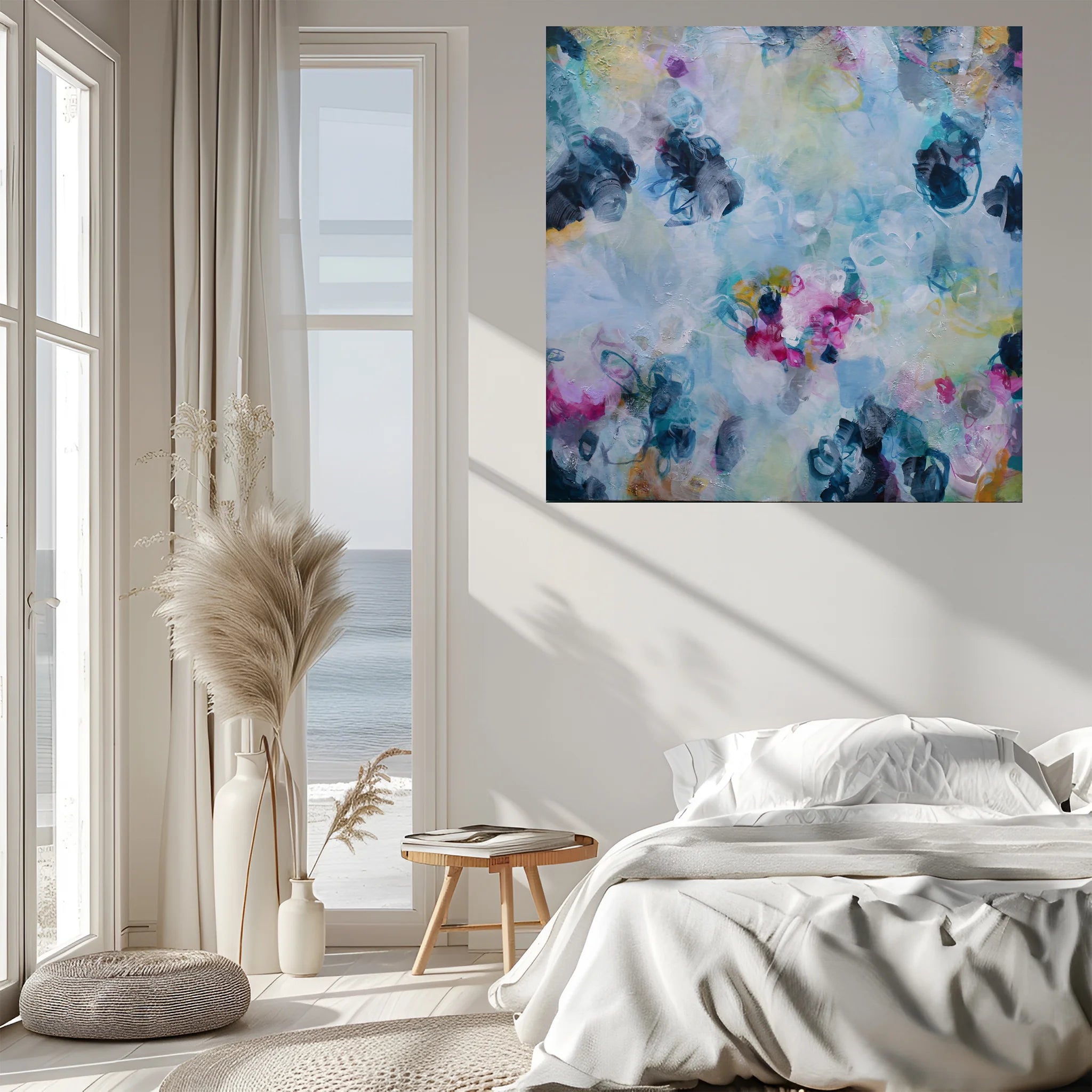 Modern bedroom with a colorful abstract painting on the wall