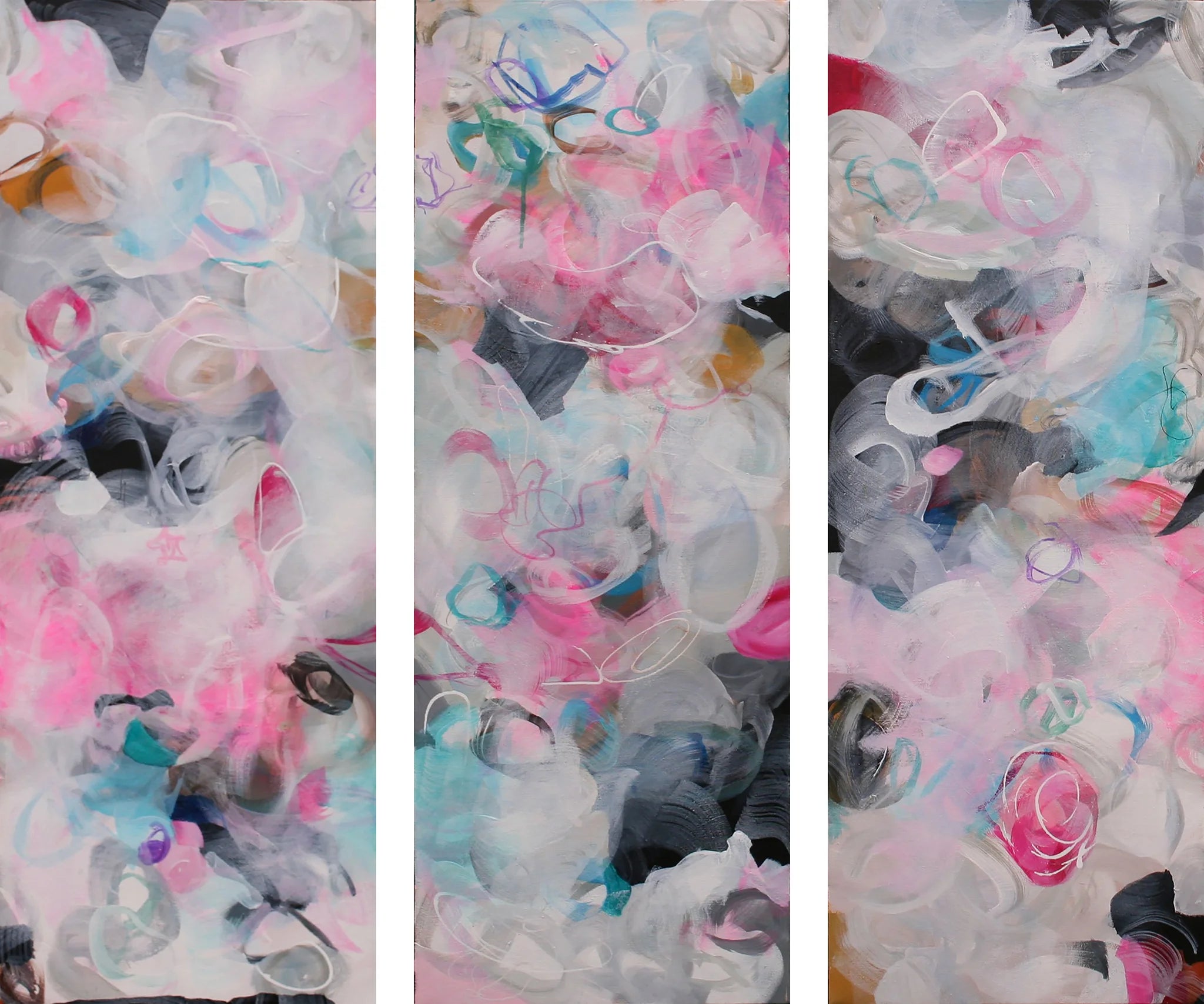 Pink, blue, white, grey, black three panel abstract painting 