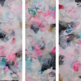 Pink, blue, white, grey, black three panel abstract painting 