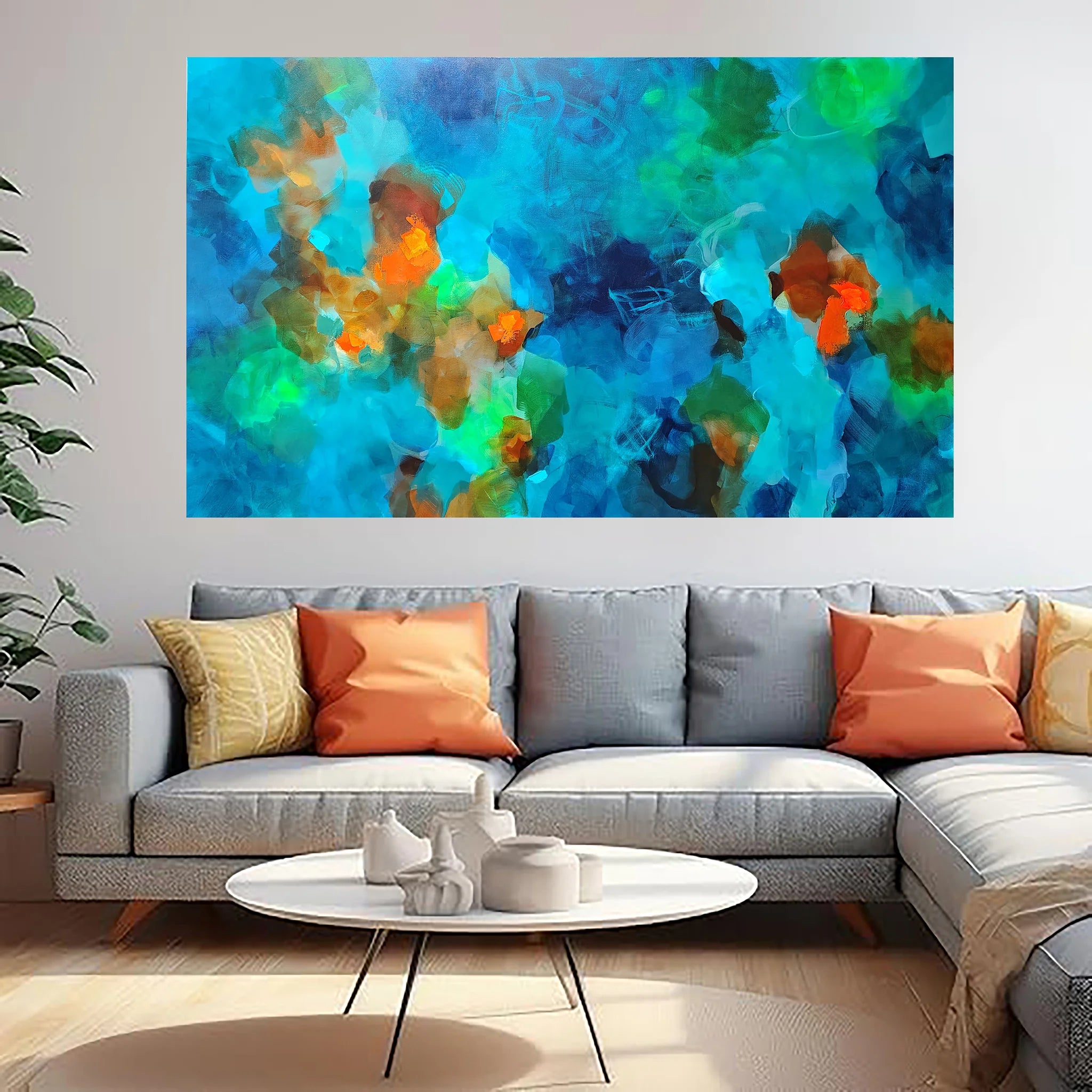 Abstract artwork with vibrant colors on a textured background above sofa