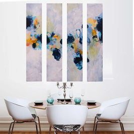 Colourful blue yellow white and greay four panel abstract painting above dining table and chairs