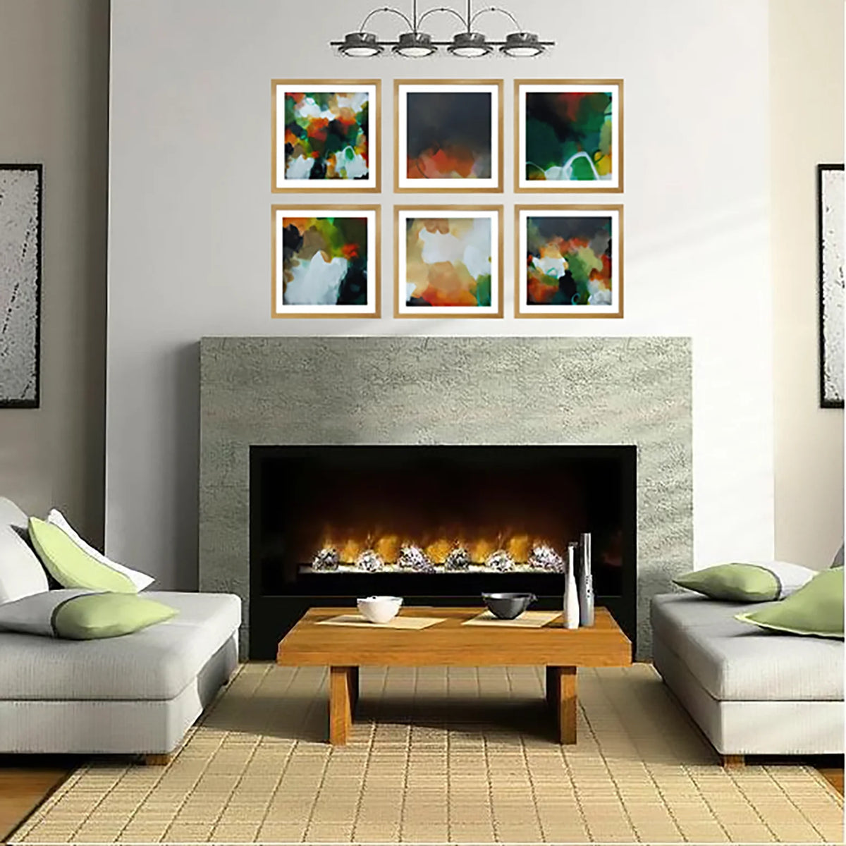 A styled living room featuring six framed abstract paintings in a 2x3 grid above a modern fireplace. The paintings showcase vibrant, multicolored abstract designs in wood frames.