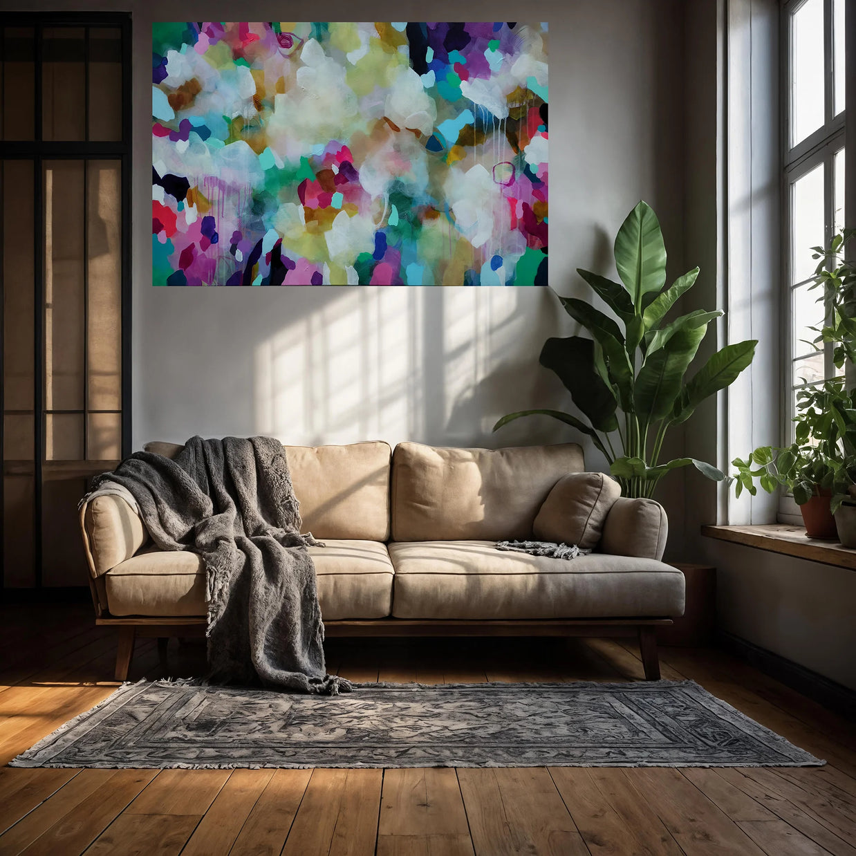 A colorful abstract canvas wall art print featuring vibrant splashes of blue, green, pink, purple, and white, displayed in a modern living room setting above a beige sofa.