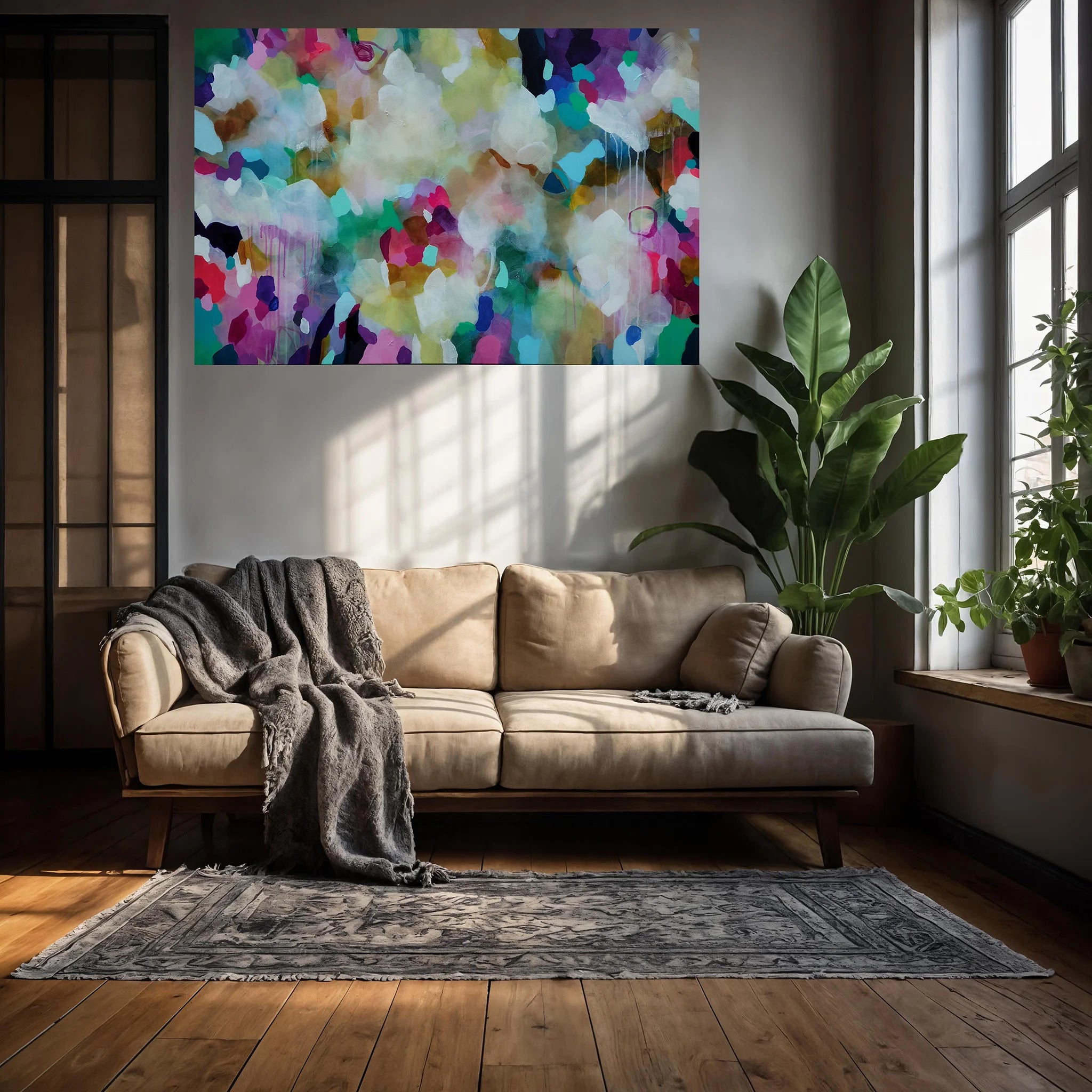 A colorful abstract canvas wall art print featuring vibrant splashes of blue, green, pink, purple, and white, displayed in a modern living room setting above a beige sofa.