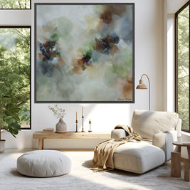 Modern living room with a large abstract painting, white armchair, and wooden coffee table.