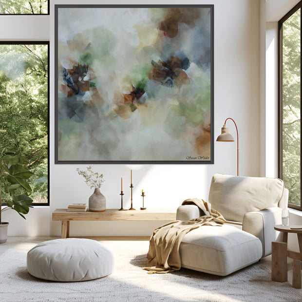 Modern living room with a large abstract painting, white armchair, and wooden coffee table.