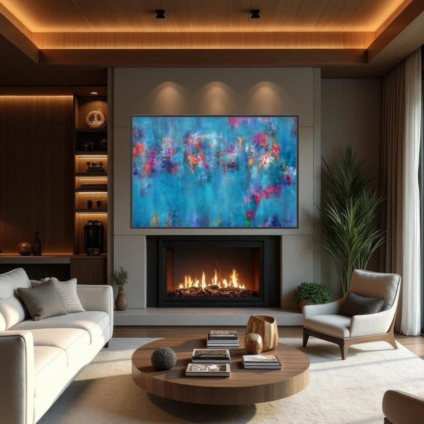 A modern living room featuring a large abstract canvas painting in vibrant blue, pink, and purple tones mounted above a lit fireplace. The room is styled with a white sofa, a round wooden coffee table, a beige armchair, and a tall potted plant.