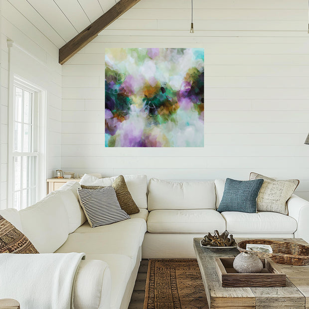 Living room with a white sofa, colorful abstract painting, and wooden coffee table.