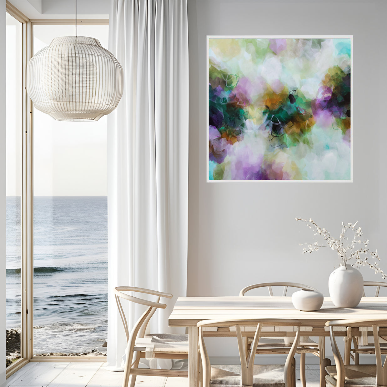 Modern interior with a dining table, chairs, and a colorful abstract painting on the wall.