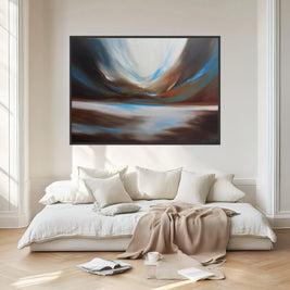 Modern bedroom with a large abstract painting above a bed.