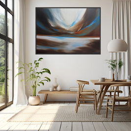 Modern dining room with abstract art on the wall, wooden table, and chairs.