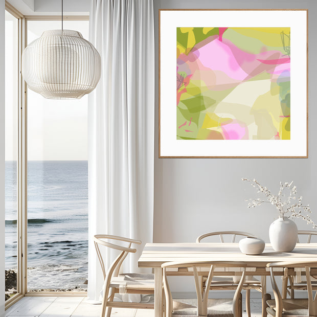 Modern interior with a dining table, chairs, and a colorful abstract painting on the wall.