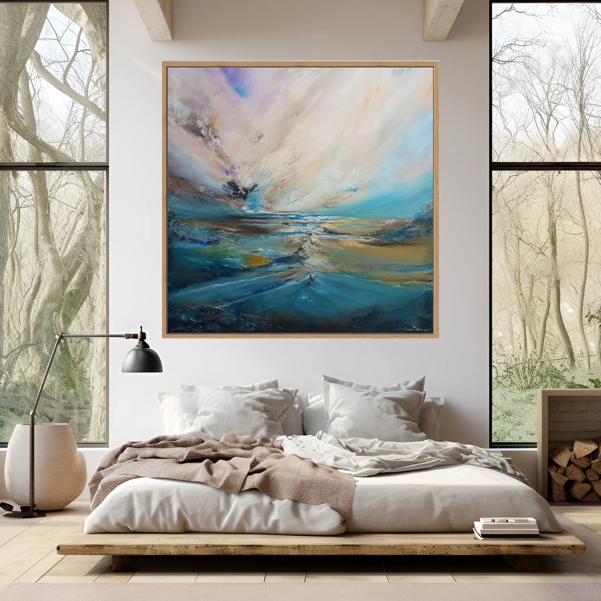 Modern bedroom with abstract painting on the wall, bed, and large windows.