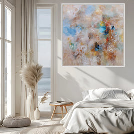 Modern bedroom with abstract art on the wall, large windows, and decorative elements.
