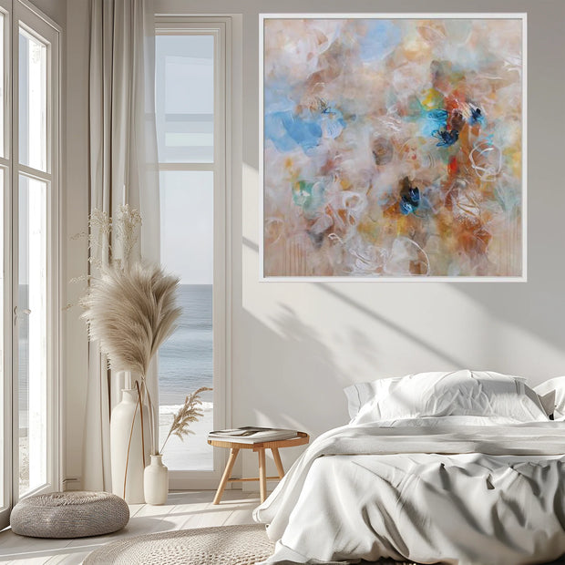 Modern bedroom with abstract art on the wall, large windows, and decorative elements.