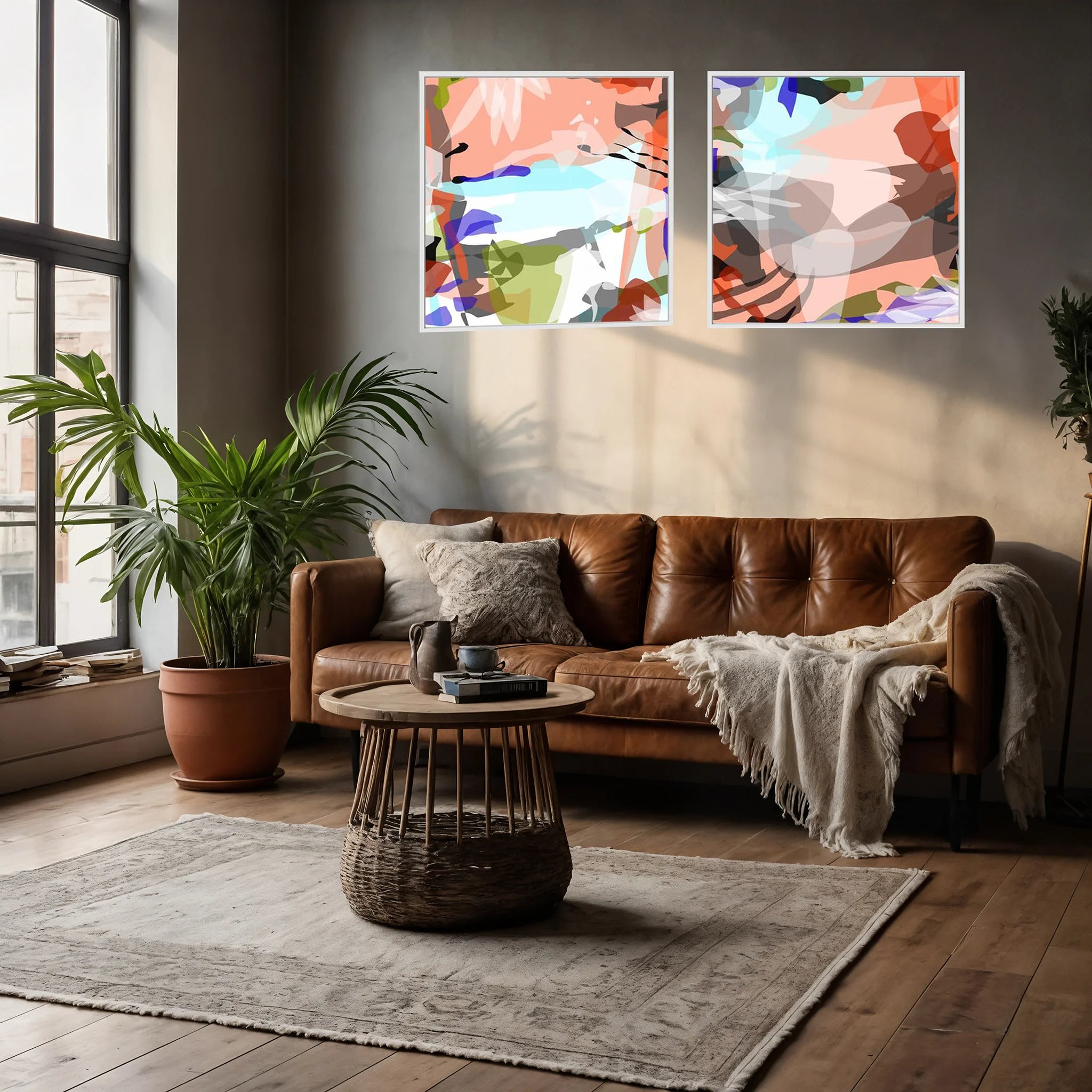 Living room with a brown leather sofa, round wooden coffee table, and abstract wall art.