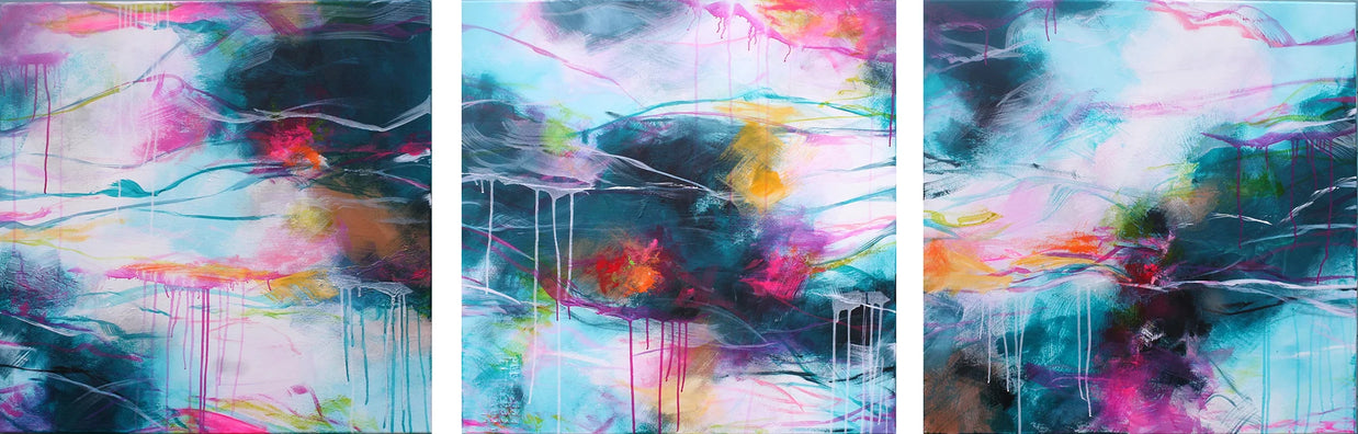 Three abstract artworks with vibrant colors and dynamic brushstrokes.