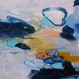 Colourful blue yellow white and gray four panel abstract painting