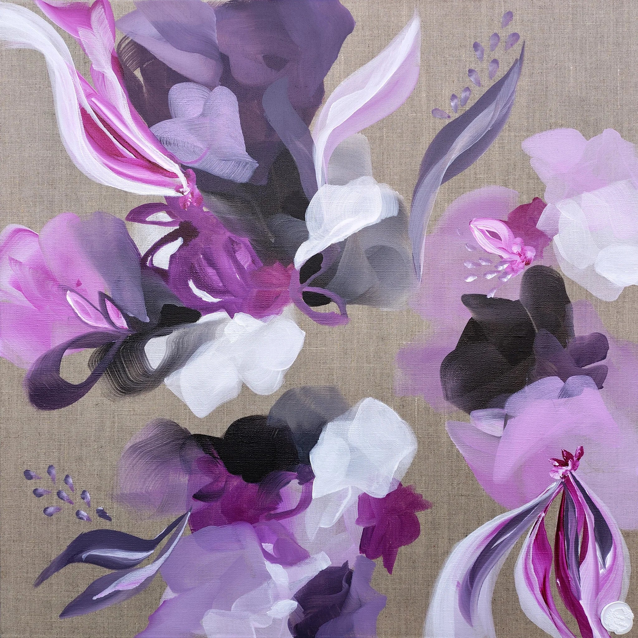 Floral inspired abstract art, purple, lilac, mauve white, charcoal and grey on a linen canvas