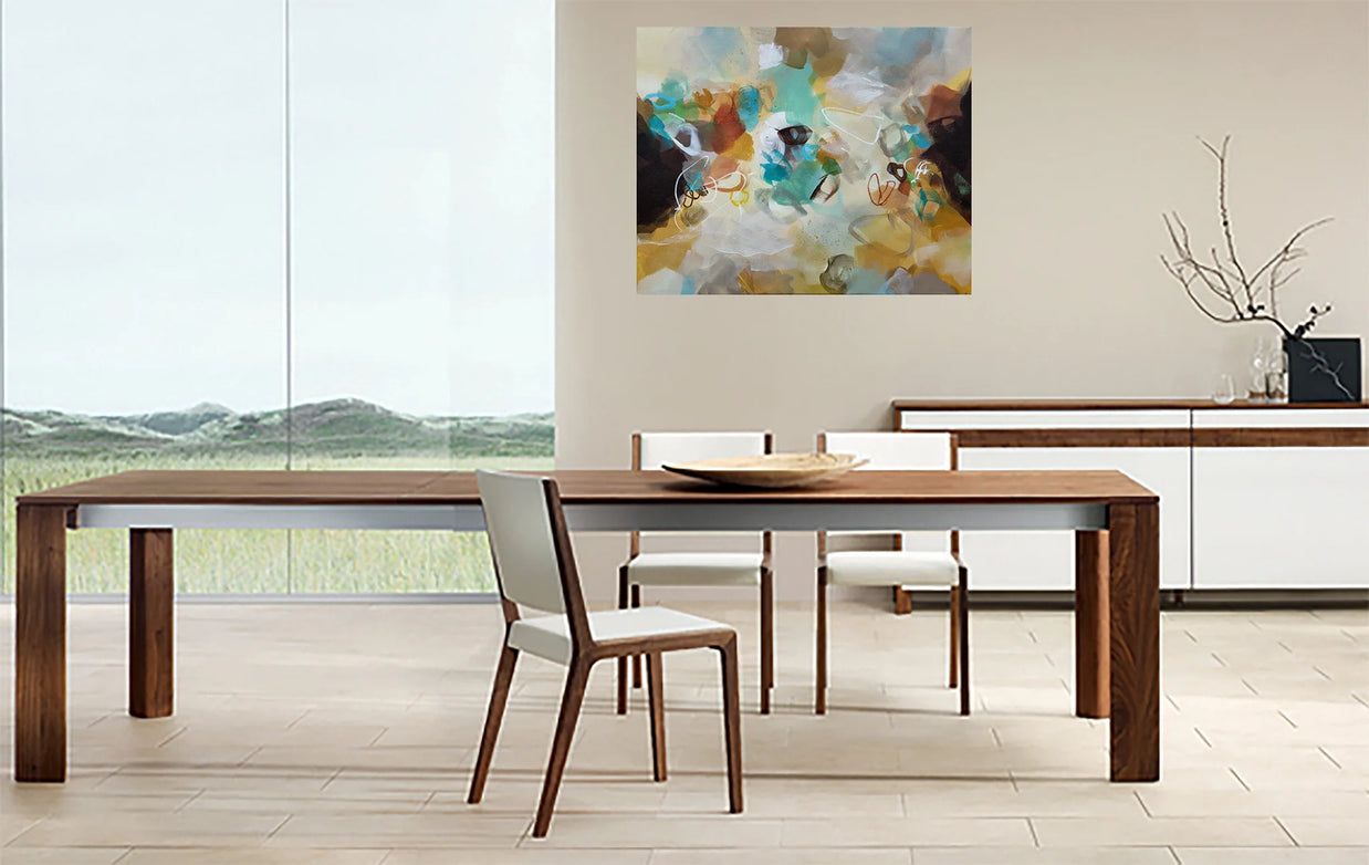 Dining room with wooden table and chairs, abstract painting on the wall.