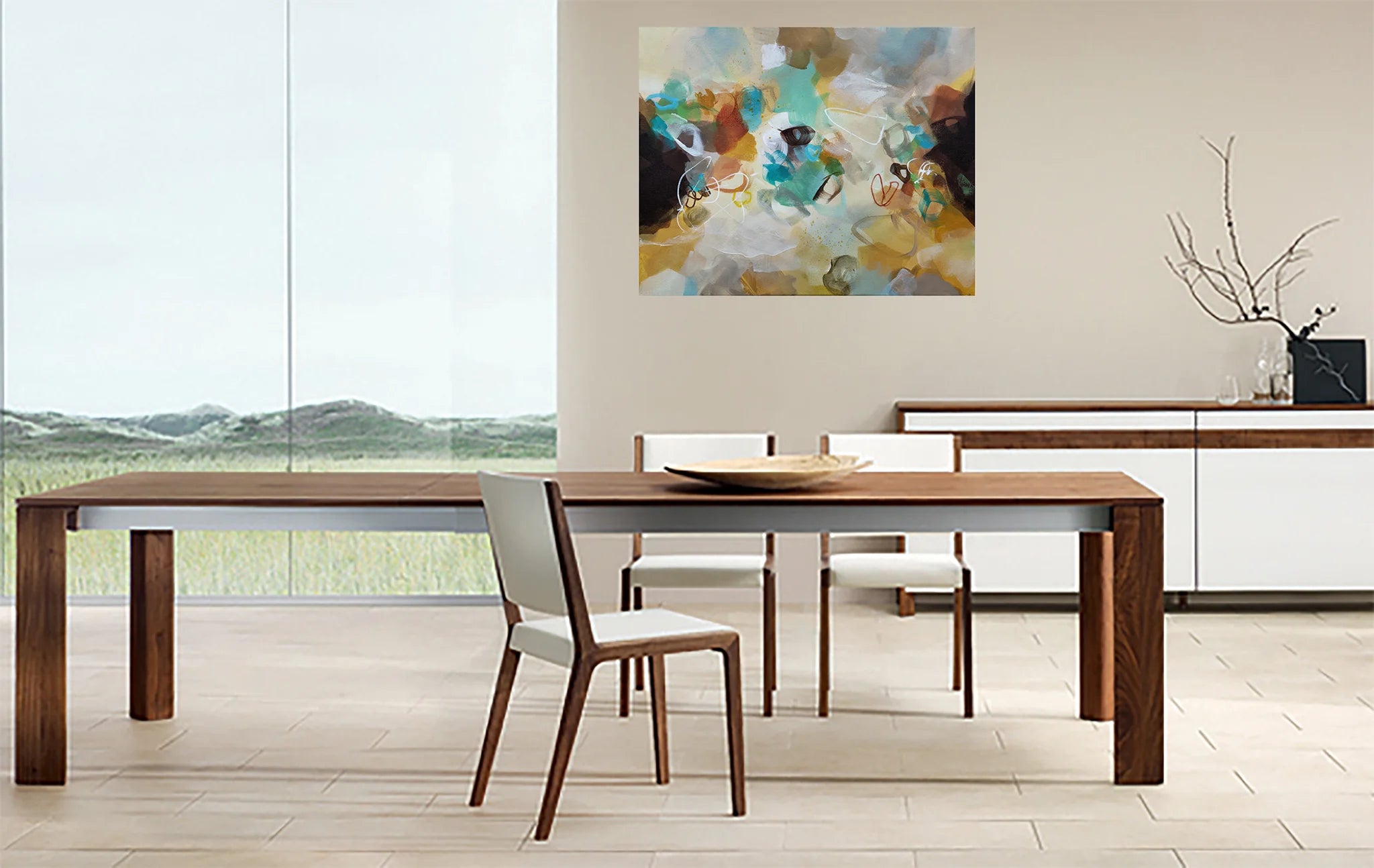 Dining room with wooden table and chairs, abstract painting on the wall.
