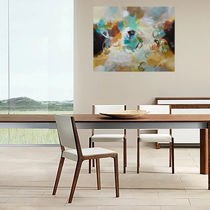 Dining room with wooden table and chairs, abstract painting on the wall.