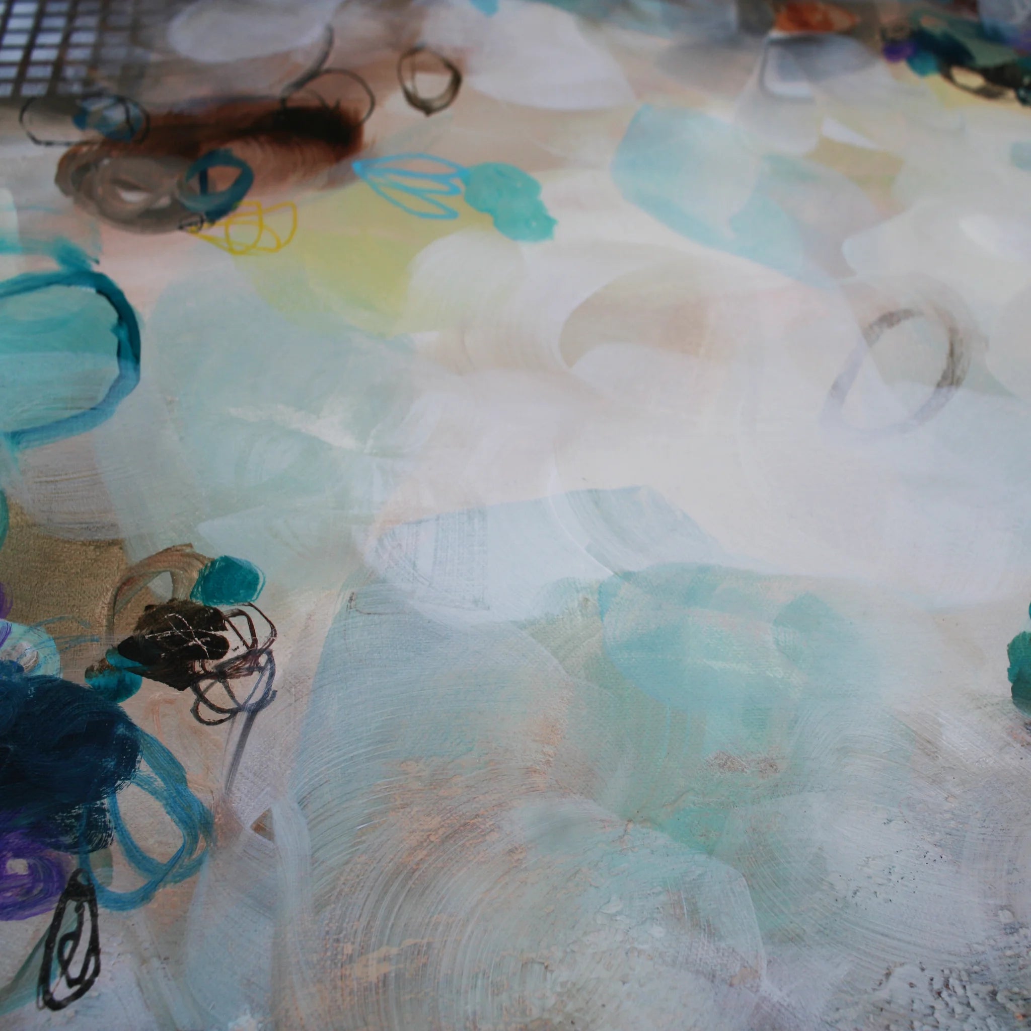 Close-up of modern abstract Paintingd surface with floral and abstract patterns