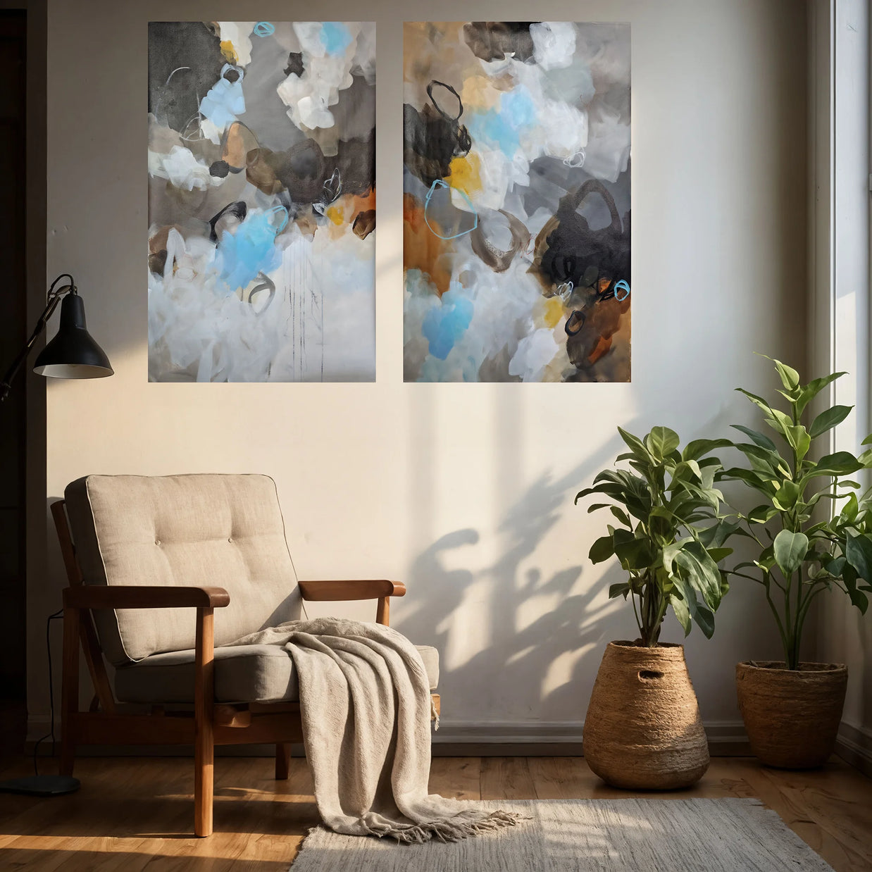 Living room with abstract wall art, armchair, and plants