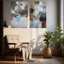 Living room with abstract wall art, armchair, and plants