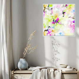 Colorful abstract painting on a wall above a wooden bench with decorative items.