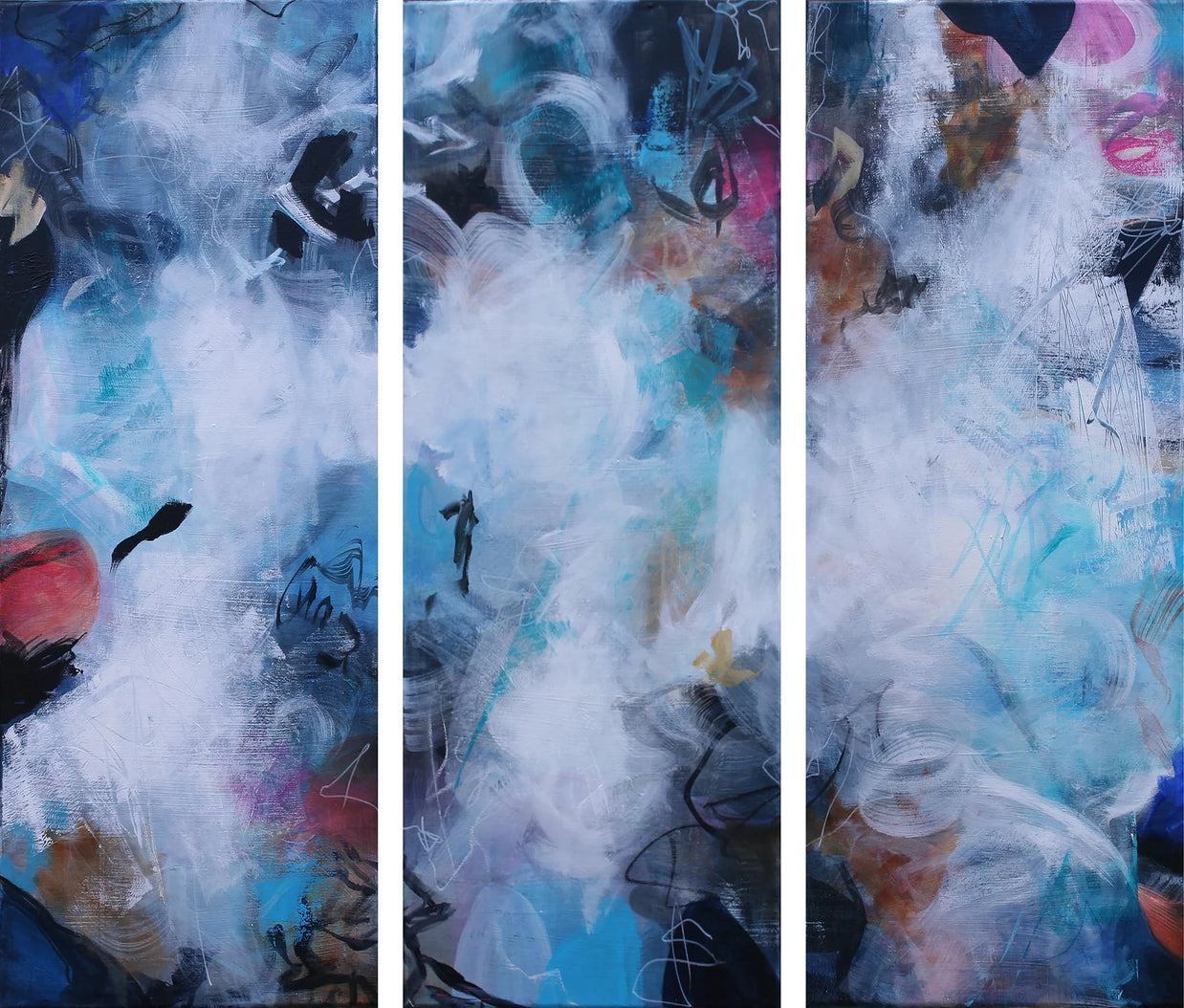 Abstract art with blue, white, and yellow colors on a textured surface