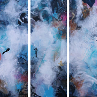 Abstract art with blue, white, and yellow colors on a textured surface