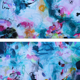 Abstract artwork with a mix of colors and textures on a canvas.