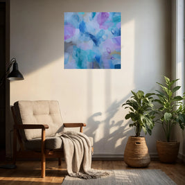 Living room with a chair, plants, and a colorful abstract painting on the wall.