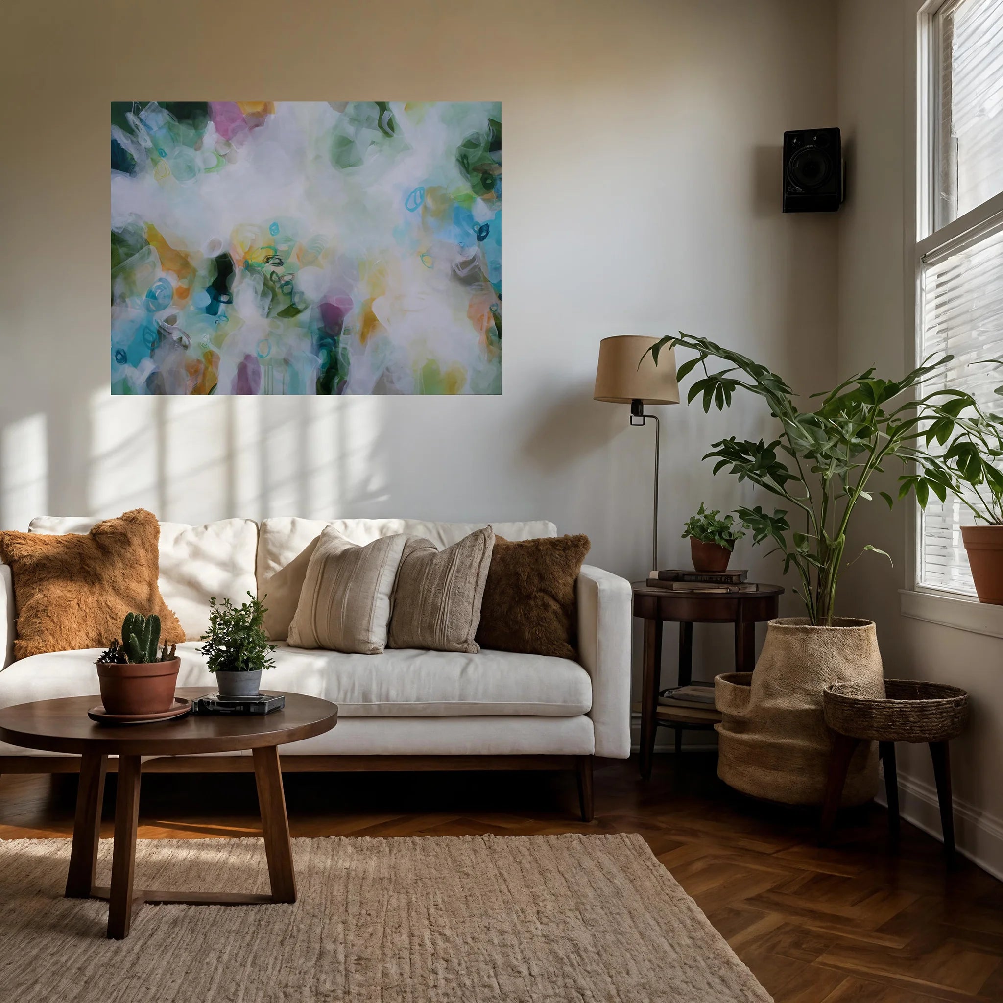 green white multicoloured abstract painting haning above cream sofa