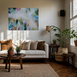 green white multicoloured abstract painting haning above cream sofa