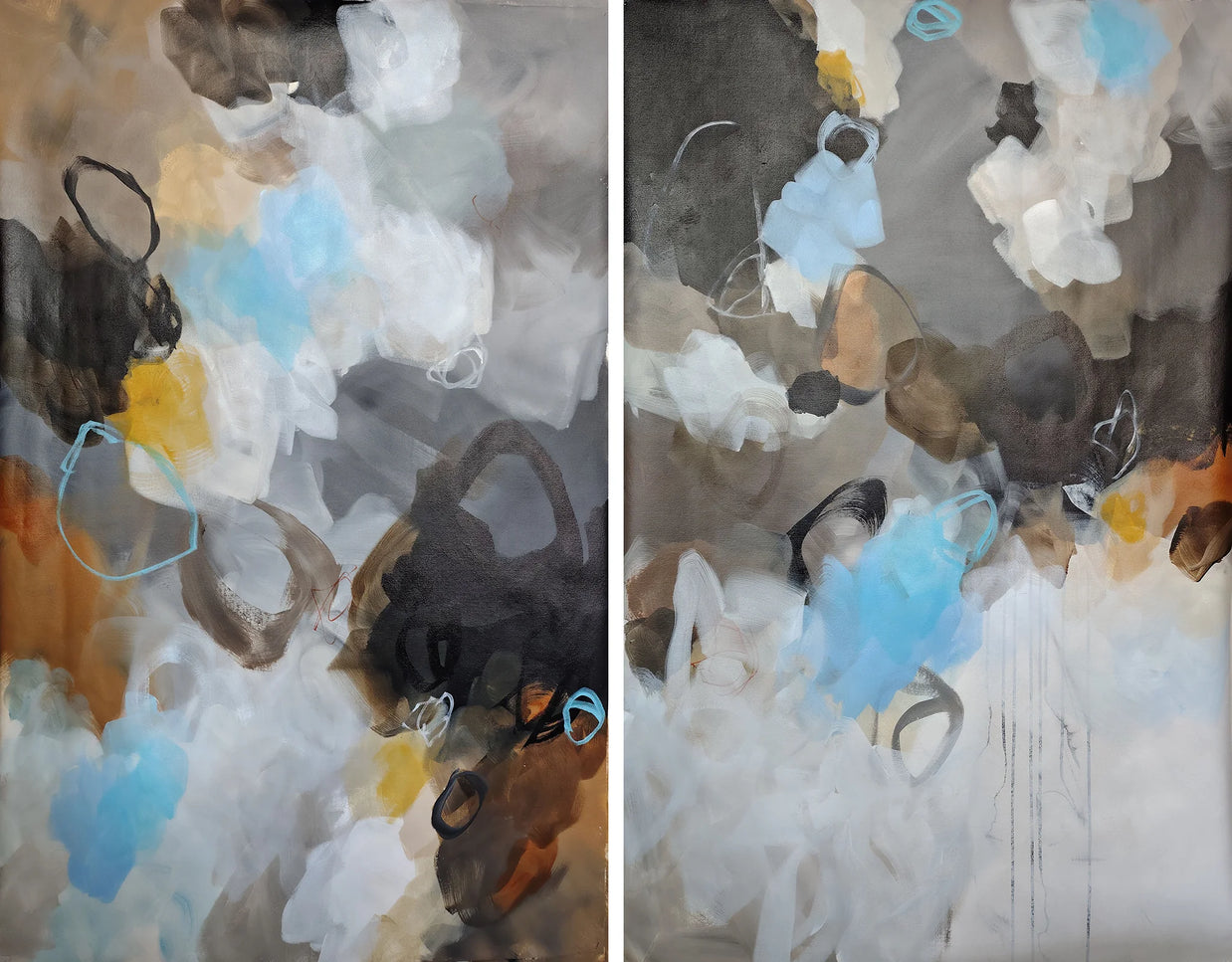 Two abstract art pieces with colorful shapes on a textured background