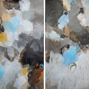 Two abstract art pieces with colorful shapes on a textured background