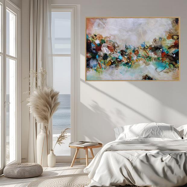 Modern bedroom with abstract art on the wall, large windows, and decorative elements.