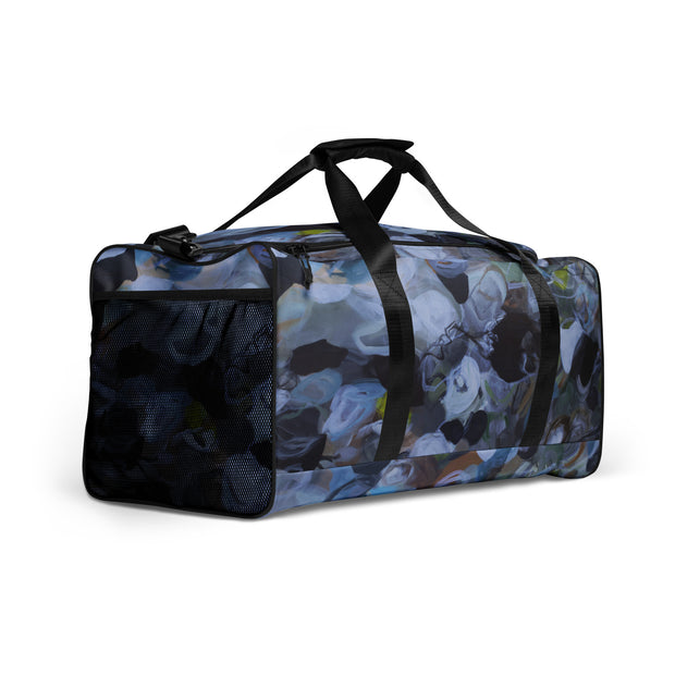 black, white grey and green all over print duffle bag